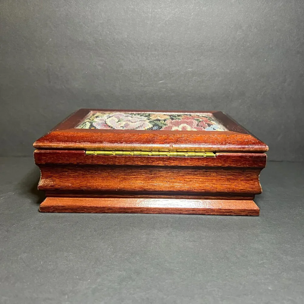 Vintage Floral Tapestry Inlay Wooden Hinged Lid Pink Velvet Lined Jewelry Box